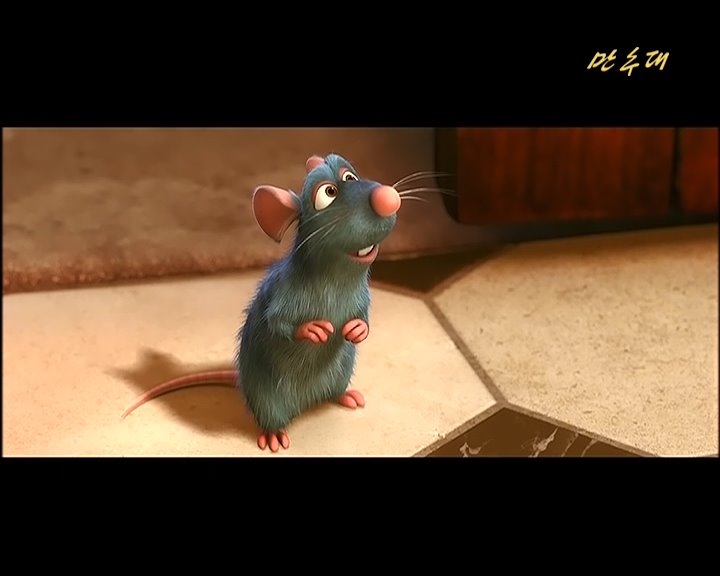 The image shows a still image from the Disney movie Ratatouille of a cartoon rat